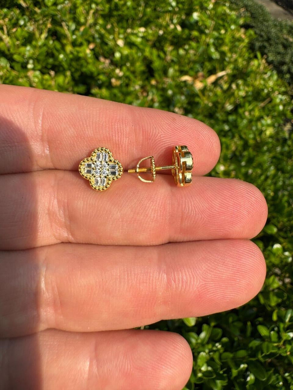MOISSANITE Classic Clover Iced Out Earrings - 14k Gold Vermeil 925 Silver - 10mm