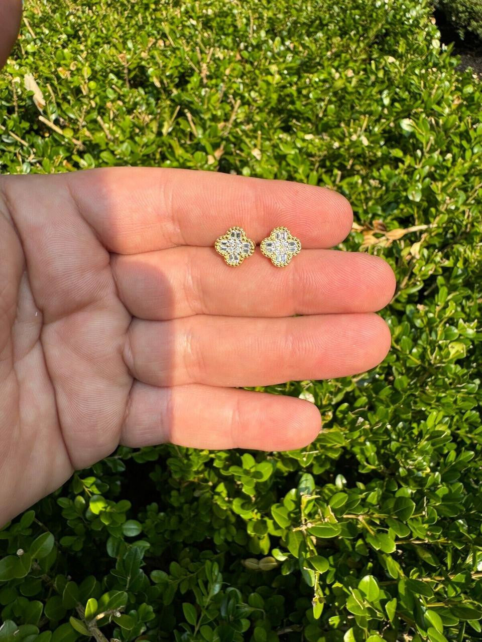 MOISSANITE Classic Clover Iced Out Earrings - 14k Gold Vermeil 925 Silver - 10mm
