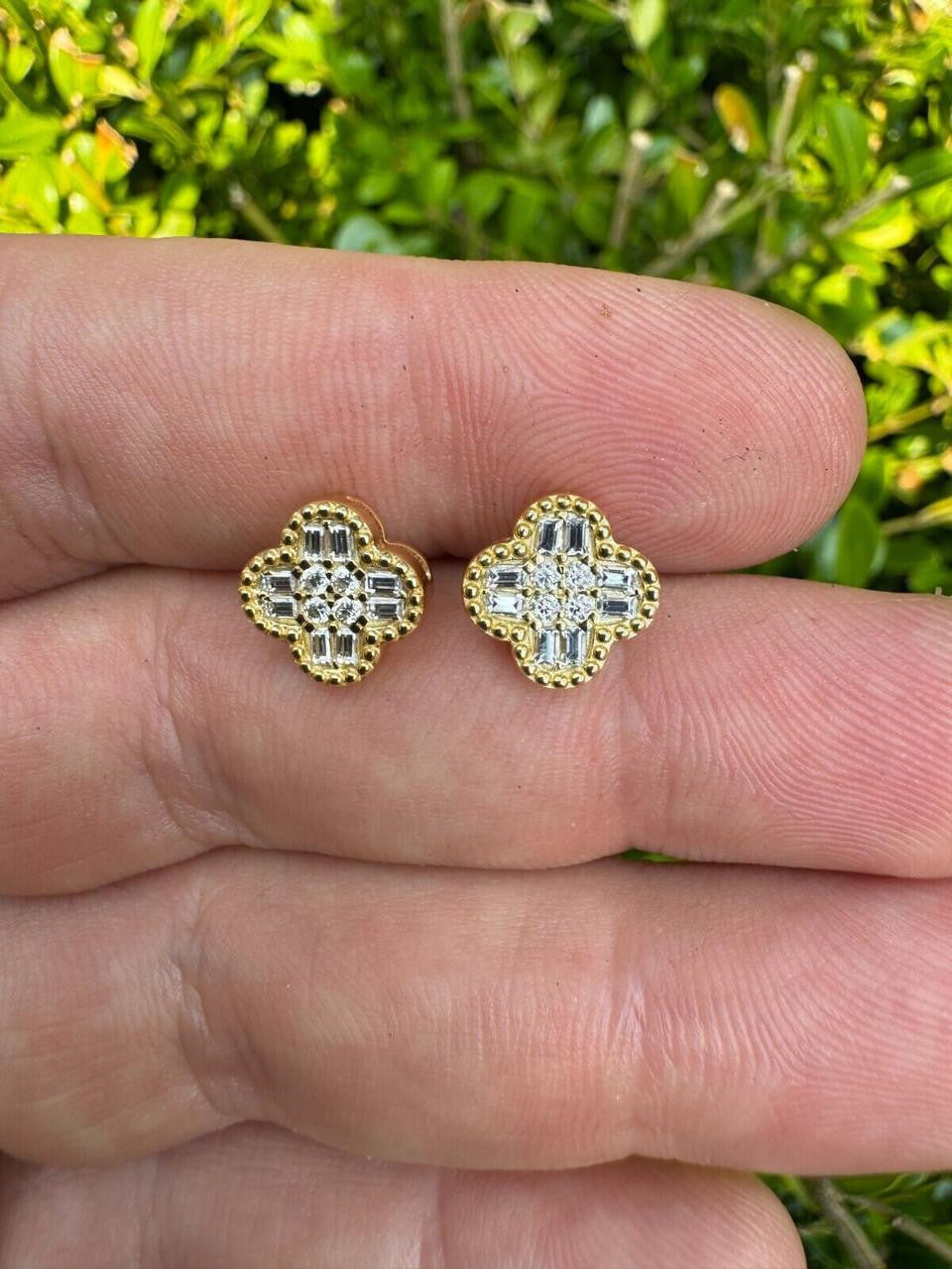 MOISSANITE Classic Clover Iced Out Earrings - 14k Gold Vermeil 925 Silver - 10mm