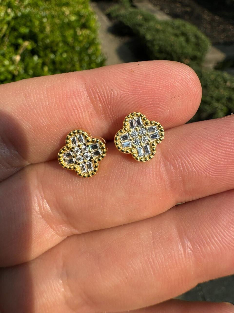 MOISSANITE Classic Clover Iced Out Earrings - 14k Gold Vermeil 925 Silver - 10mm