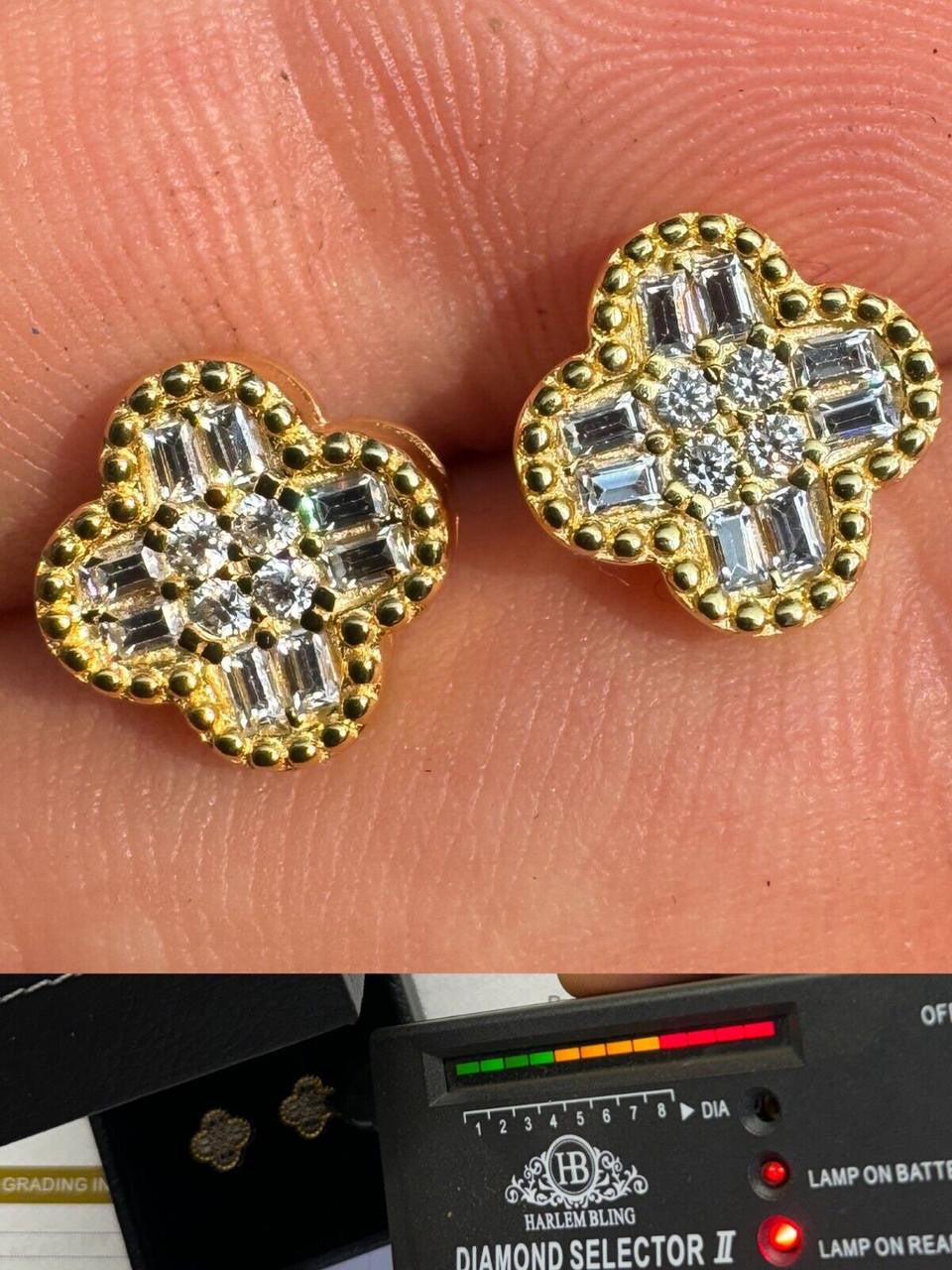 MOISSANITE Classic Clover Iced Out Earrings - 14k Gold Vermeil 925 Silver - 10mm