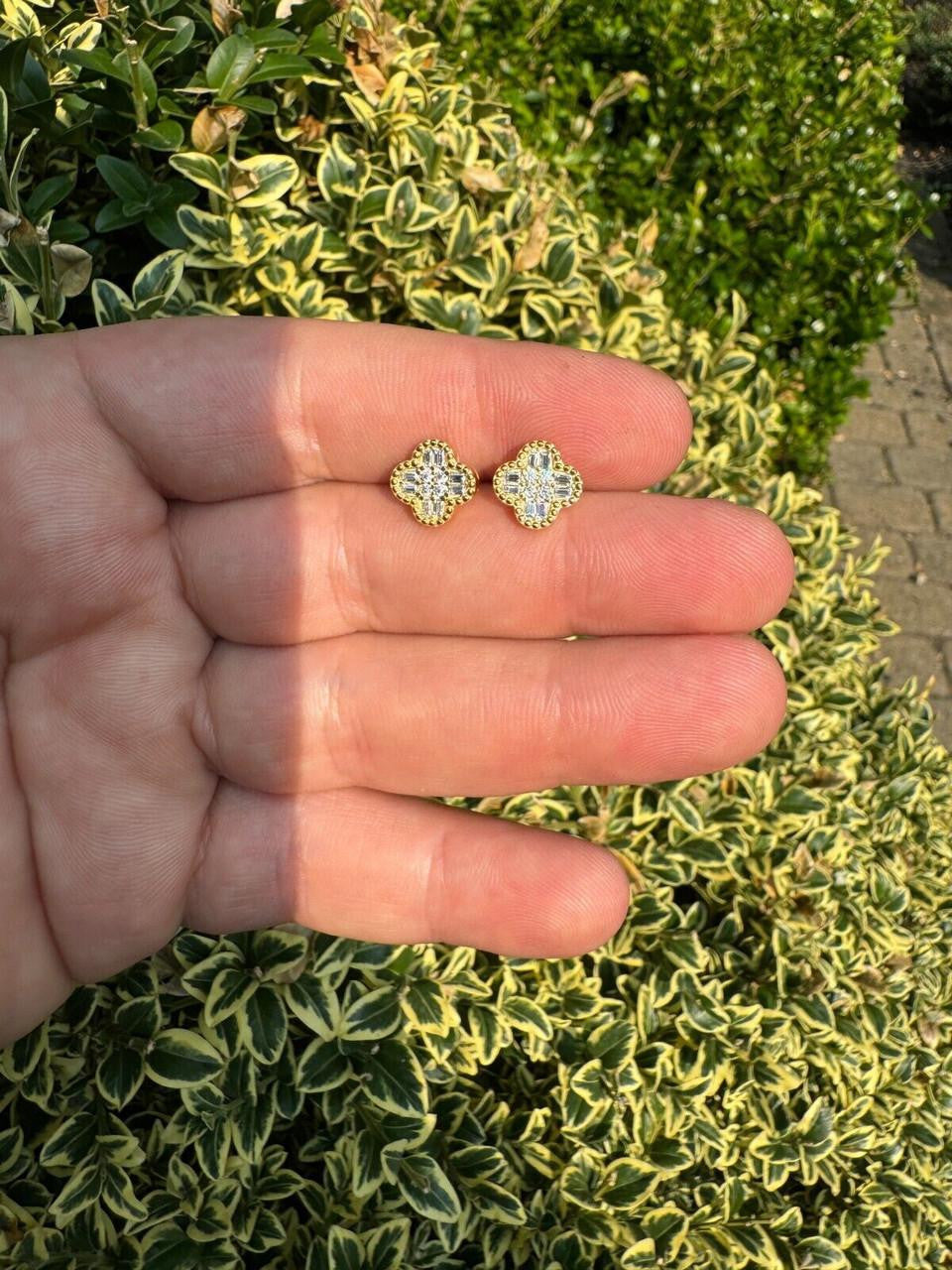 MOISSANITE Classic Clover Iced Out Earrings - 14k Gold Vermeil 925 Silver - 10mm