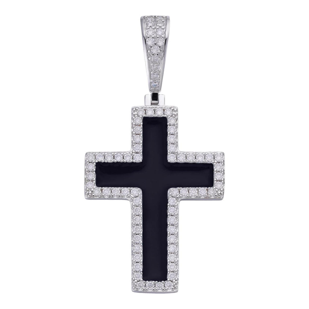 MOISSANITE Cross Black Enamel Pendant - 925 Silver - 3 Sizes - 1.25"-2.75"