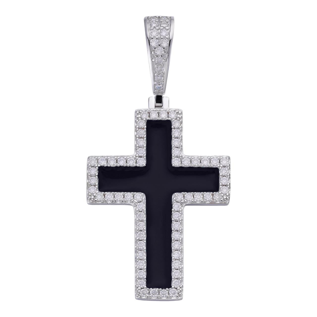 MOISSANITE Cross Black Enamel Pendant - 925 Silver - 3 Sizes - 1.25"-2.75"