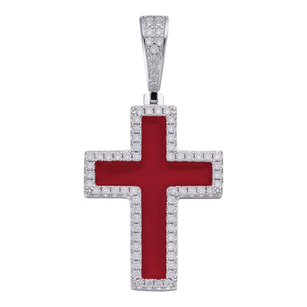 MOISSANITE Cross Blood Red Enamel Enamel Pendant - 925 Silver - 3 Sizes - 1.25"-2.75"