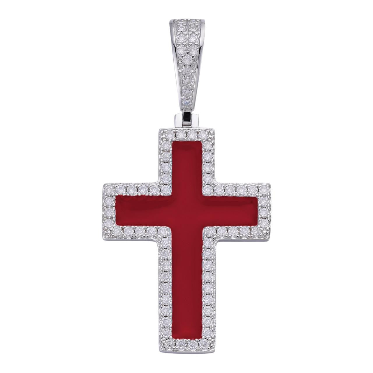 MOISSANITE Cross Blood Red Enamel Enamel Pendant - 925 Silver - 3 Sizes - 1.25"-2.75"