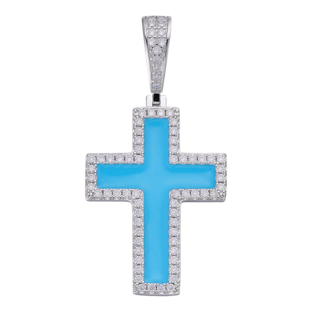 MOISSANITE Cross Light Blue Enamel Pendant - 925 Silver - 3 Sizes - 1.25"-2.75"