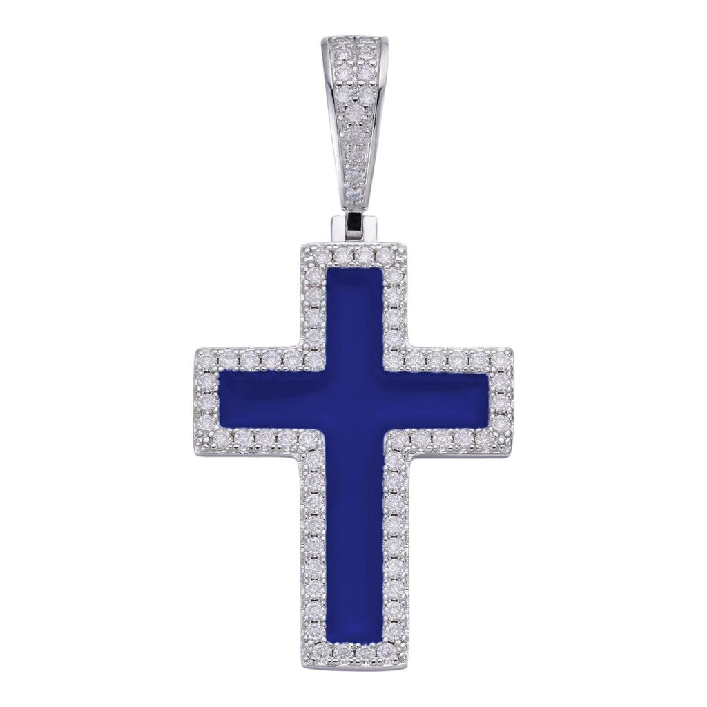 MOISSANITE Cross Navy Blue Enamel Pendant - 925 Silver - 3 Sizes - 1.25"-2.75"