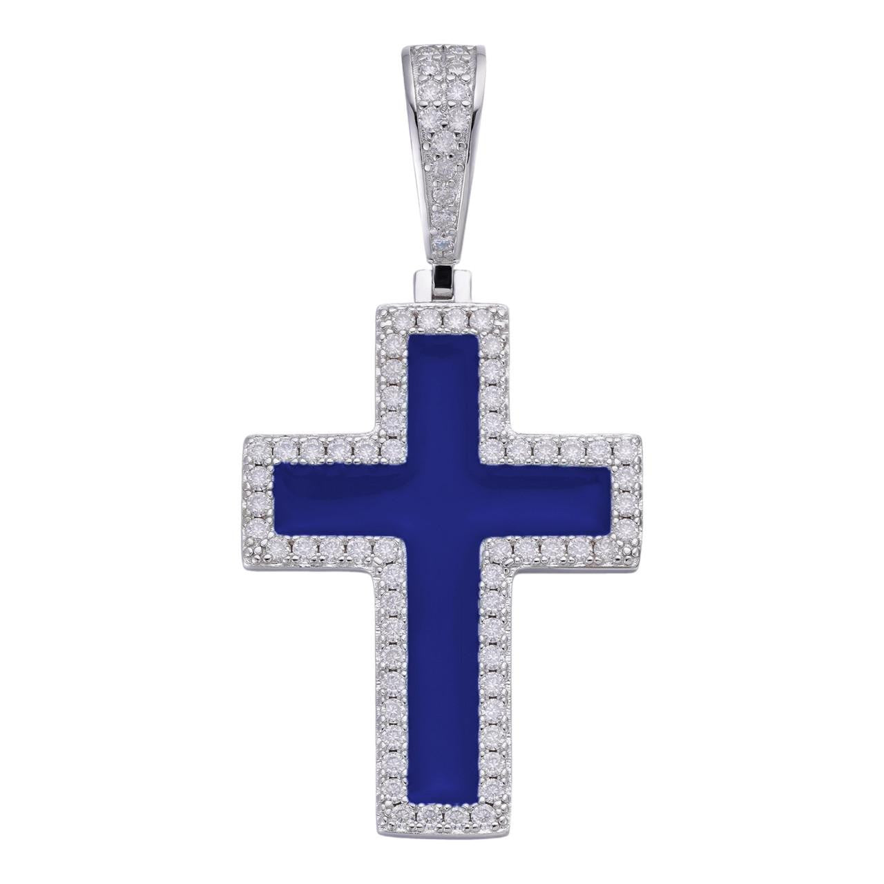 MOISSANITE Cross Navy Blue Enamel Pendant - 925 Silver - 3 Sizes - 1.25"-2.75"