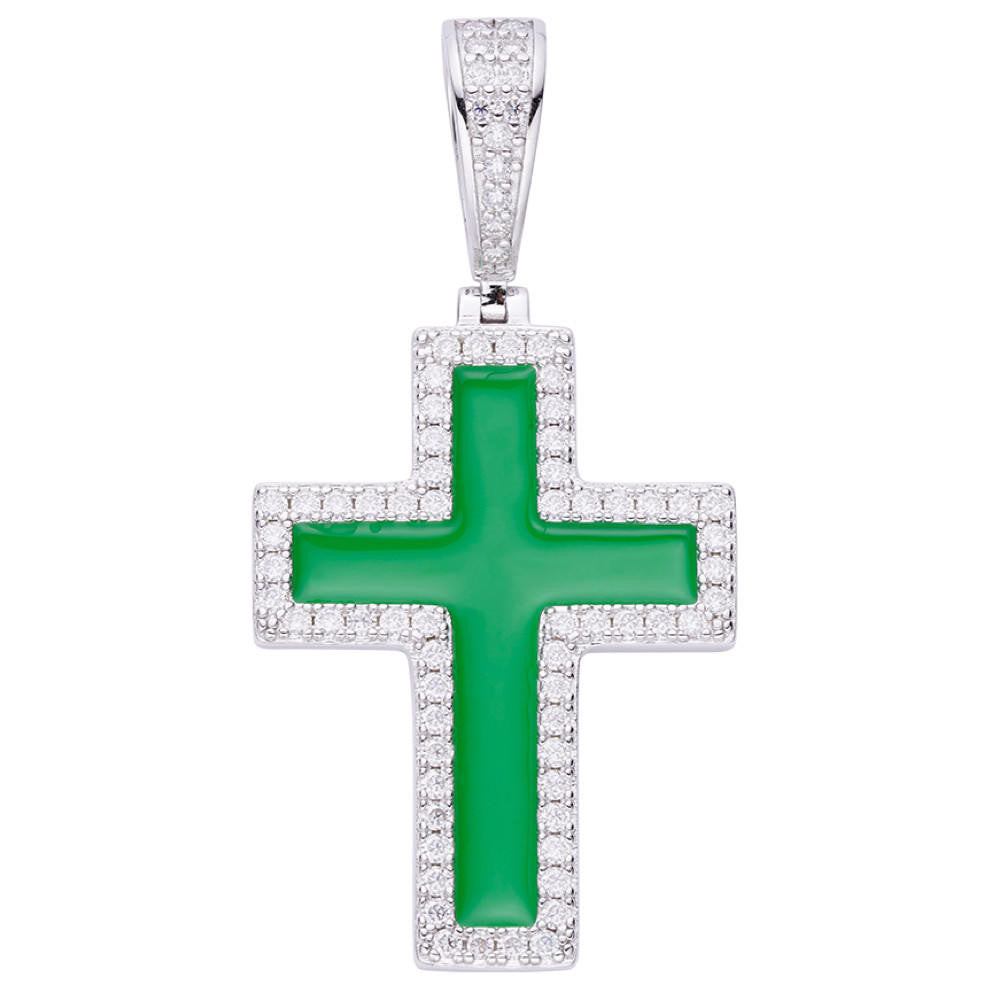 MOISSANITE Cross Green Enamel Pendant - 925 Silver - 3 Sizes - 1.25"-2.75"