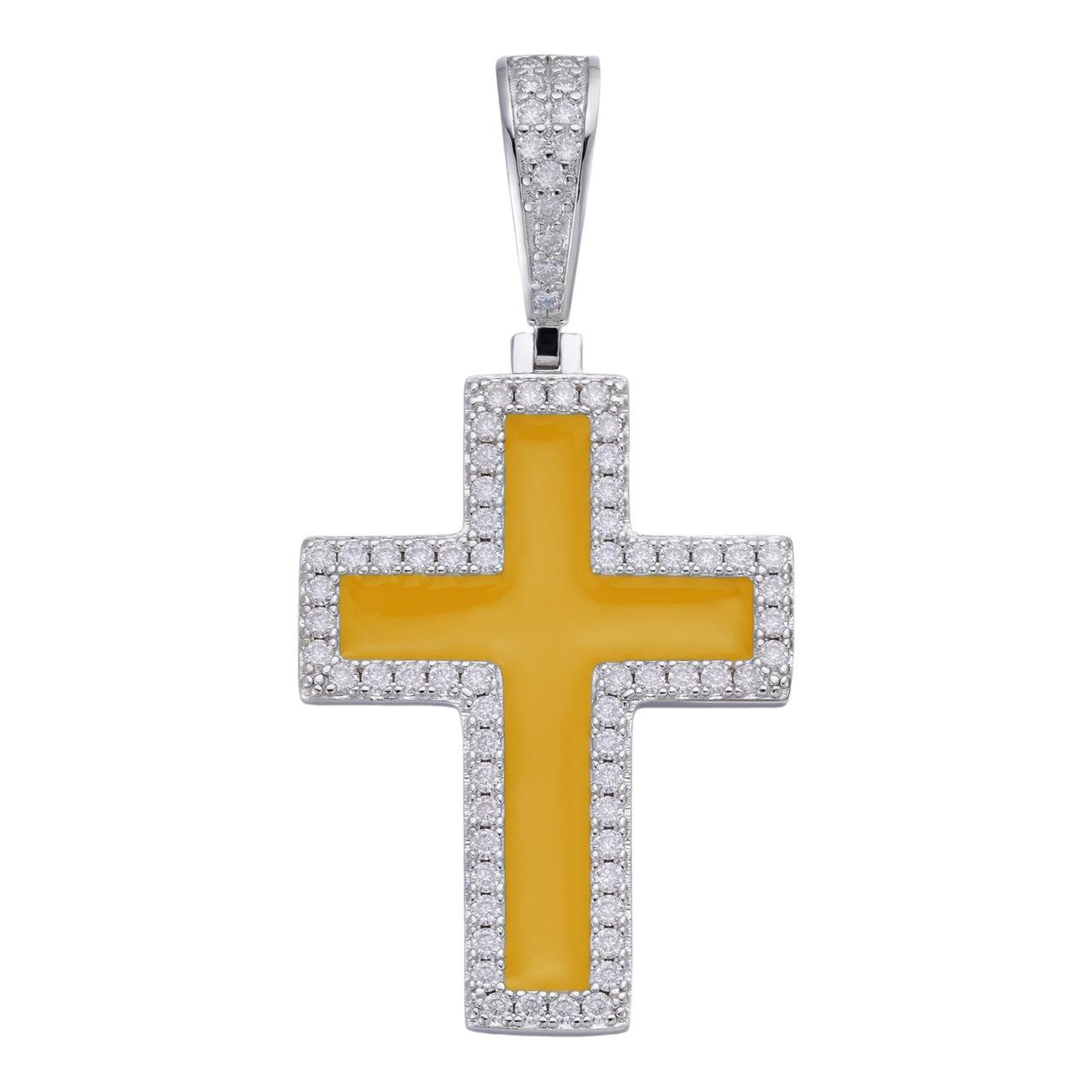 MOISSANITE Cross Yellow Enamel Pendant - 925 Silver - 3 Sizes - 1.25"-2.75"
