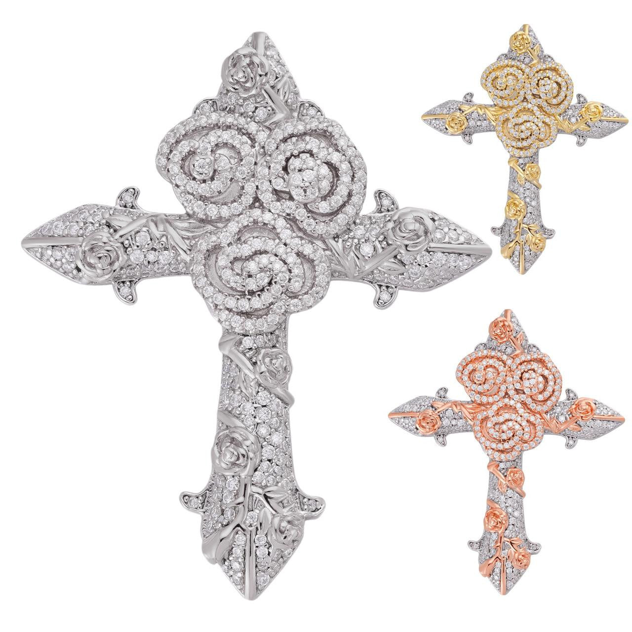 MOISSANITE Crown of Thorns Cross Pendant - 14k Yellow/Rose Gold Vermeil Or 925 Silver  -  Medium 2"