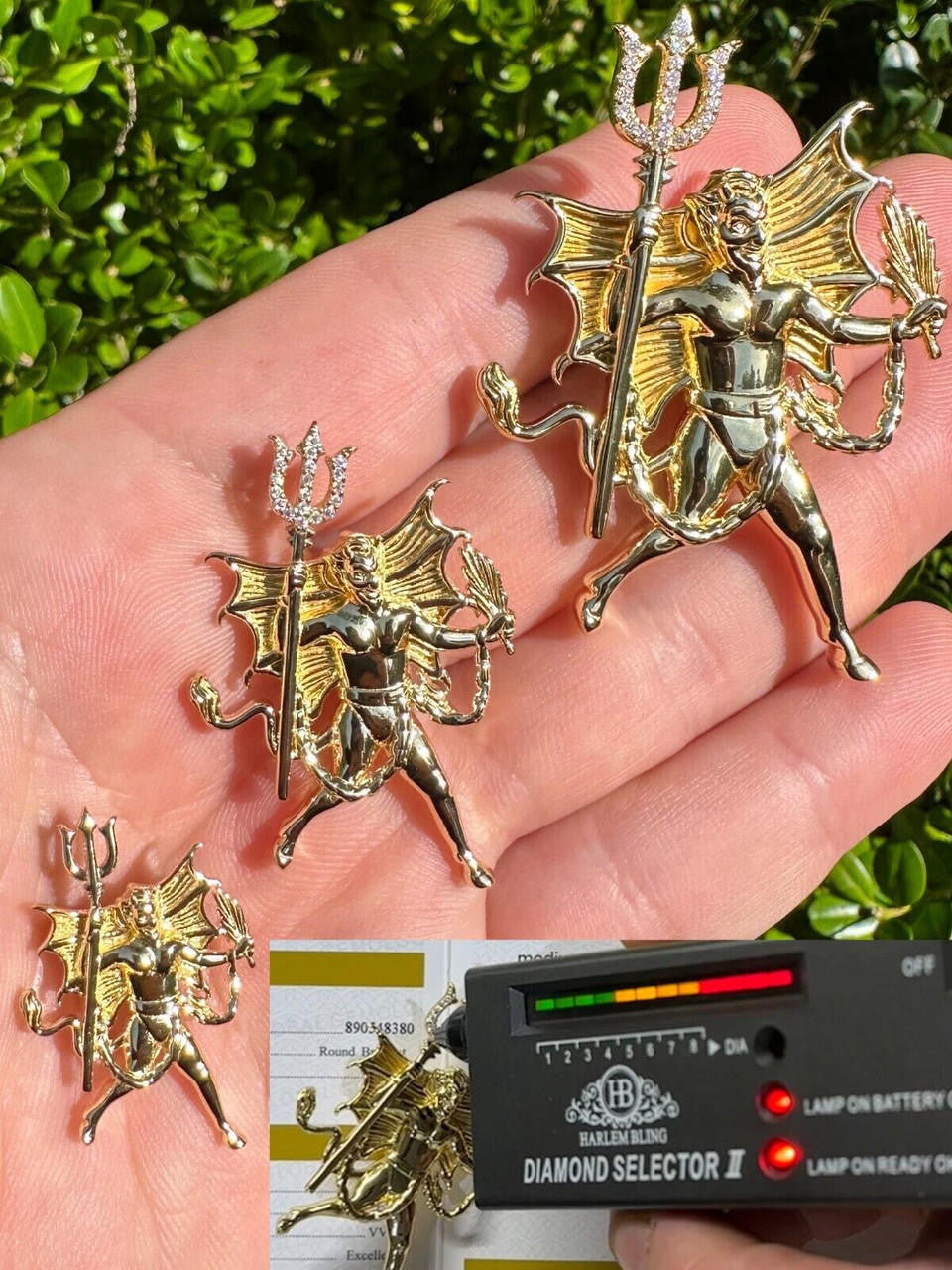 MOISSANITE Devil Satan Pendant - 14k Gold Vermeil 925 Silver - 3 Sizes 1"-2.5"