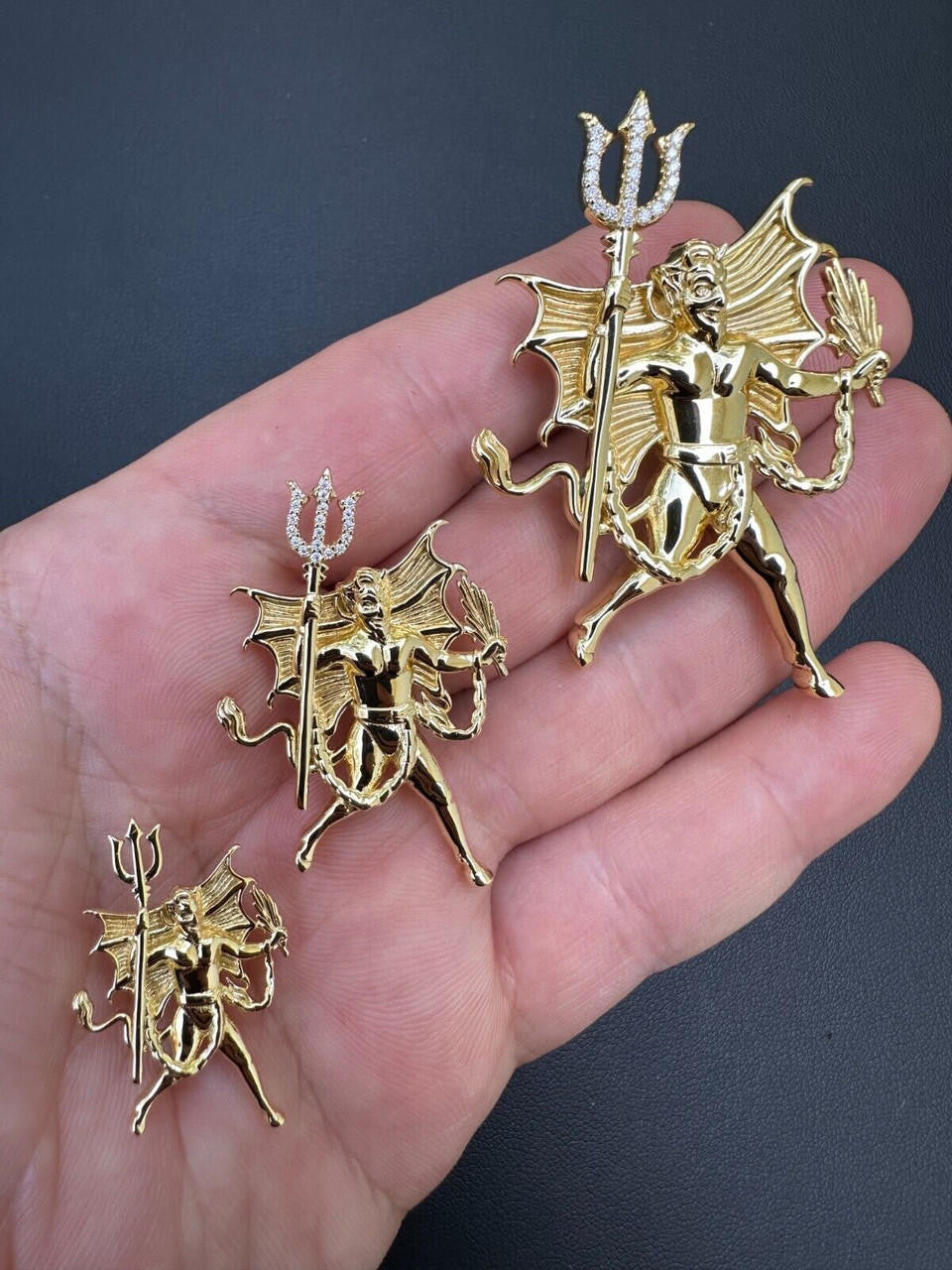 MOISSANITE Devil Satan Pendant - 14k Gold Vermeil 925 Silver - 3 Sizes 1"-2.5"