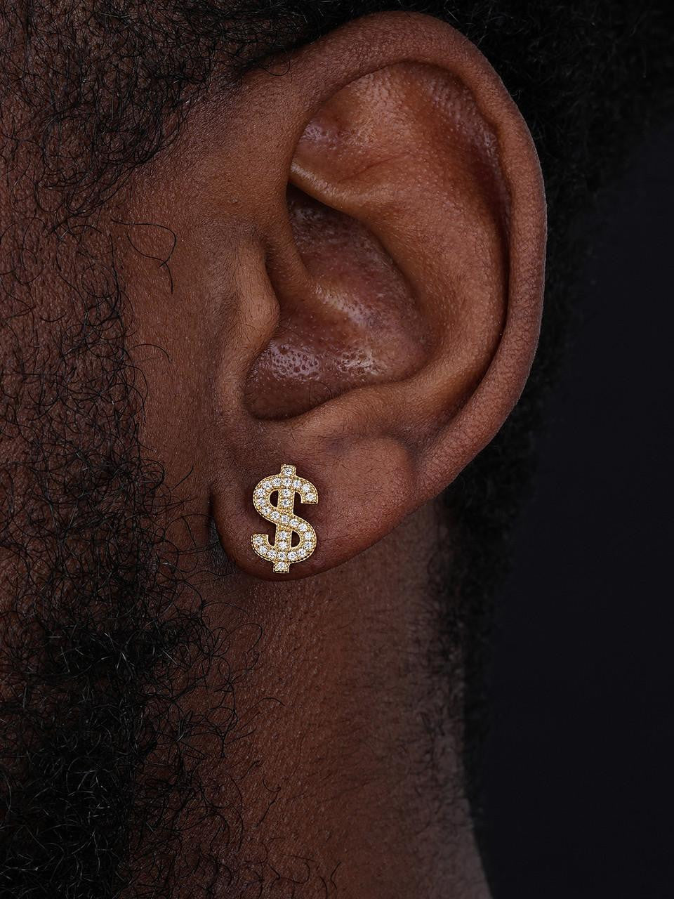 MOISSANITE Dollar Sign Iced Out Earrings - 14k Gold Vermeil 925 Silver - 7x13mm