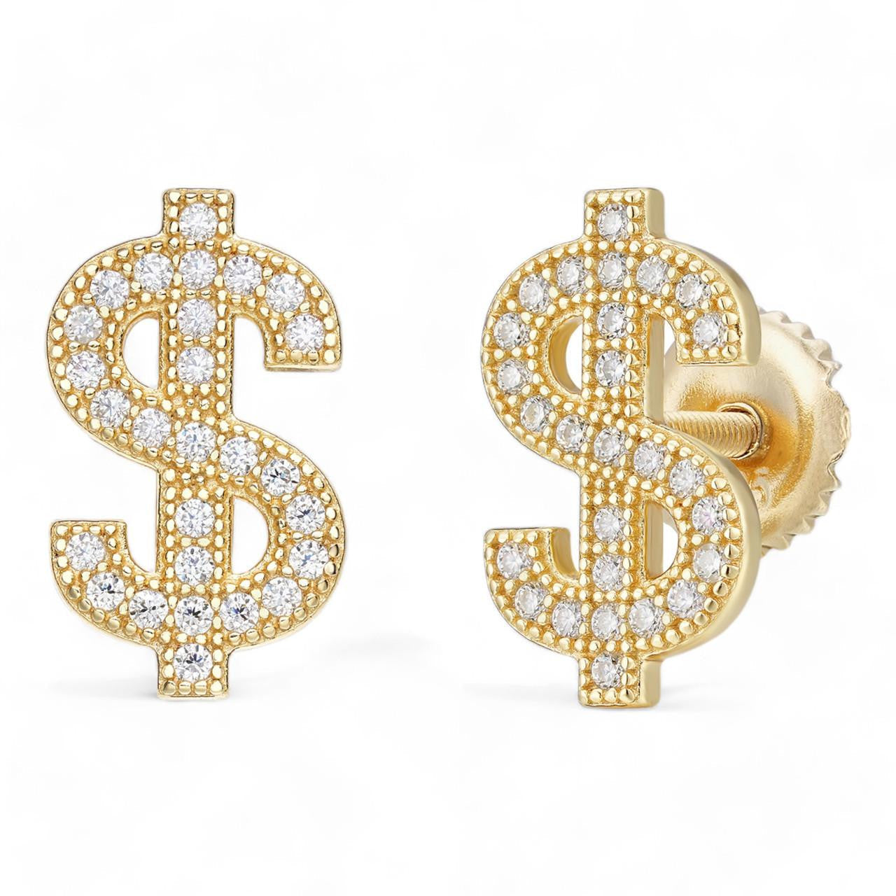 MOISSANITE Dollar Sign Iced Out Earrings - 14k Gold Vermeil 925 Silver - 7x13mm