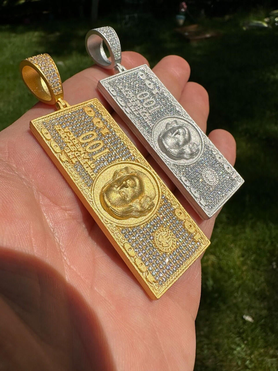 MOISSANITE Hip Hop $100 Dollar Bill Pendant - 14k Gold Vermeil Or 925 Silver - Large 3"