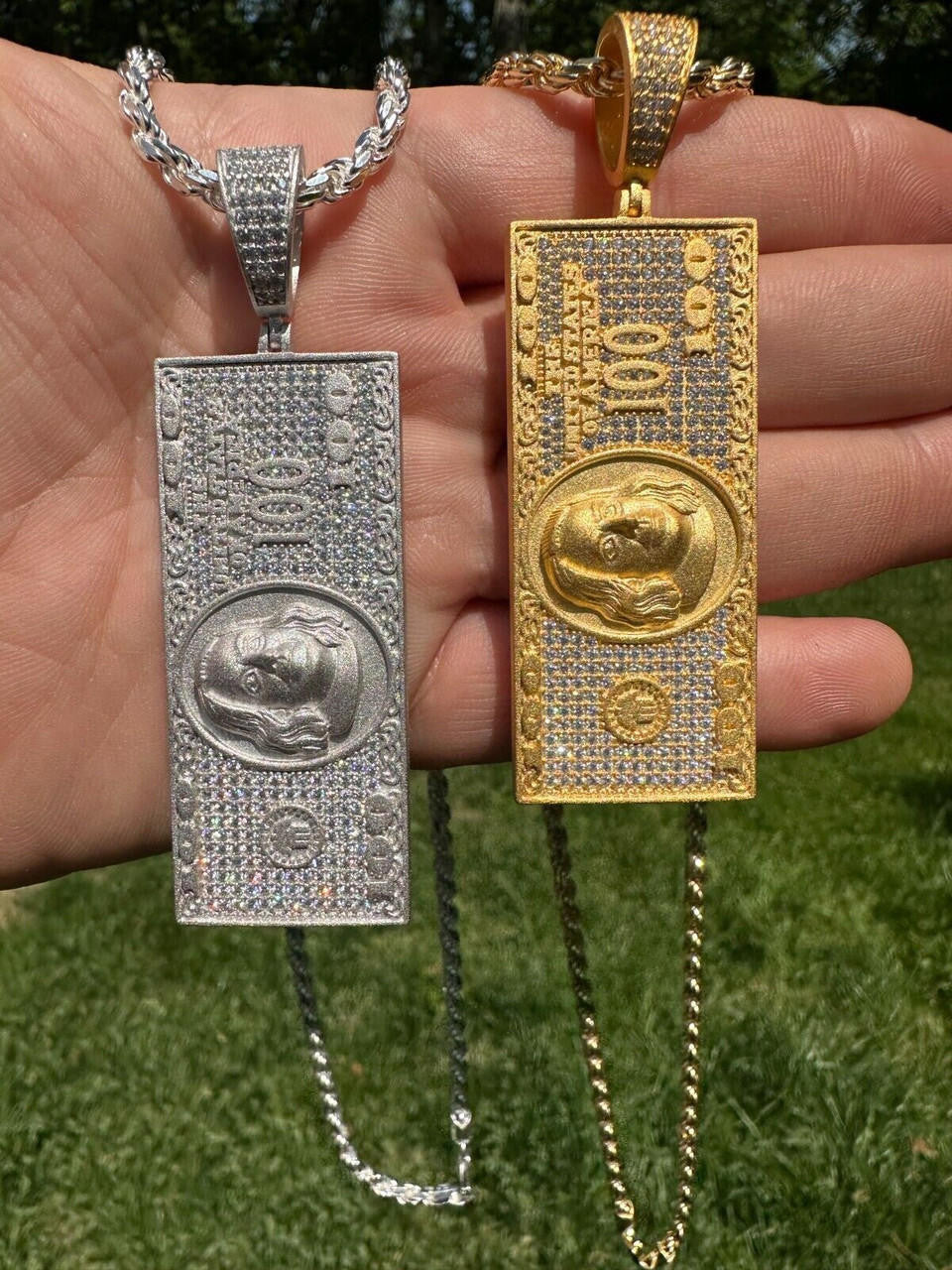 MOISSANITE Hip Hop $100 Dollar Bill Pendant - 14k Gold Vermeil Or 925 Silver - Large 3"