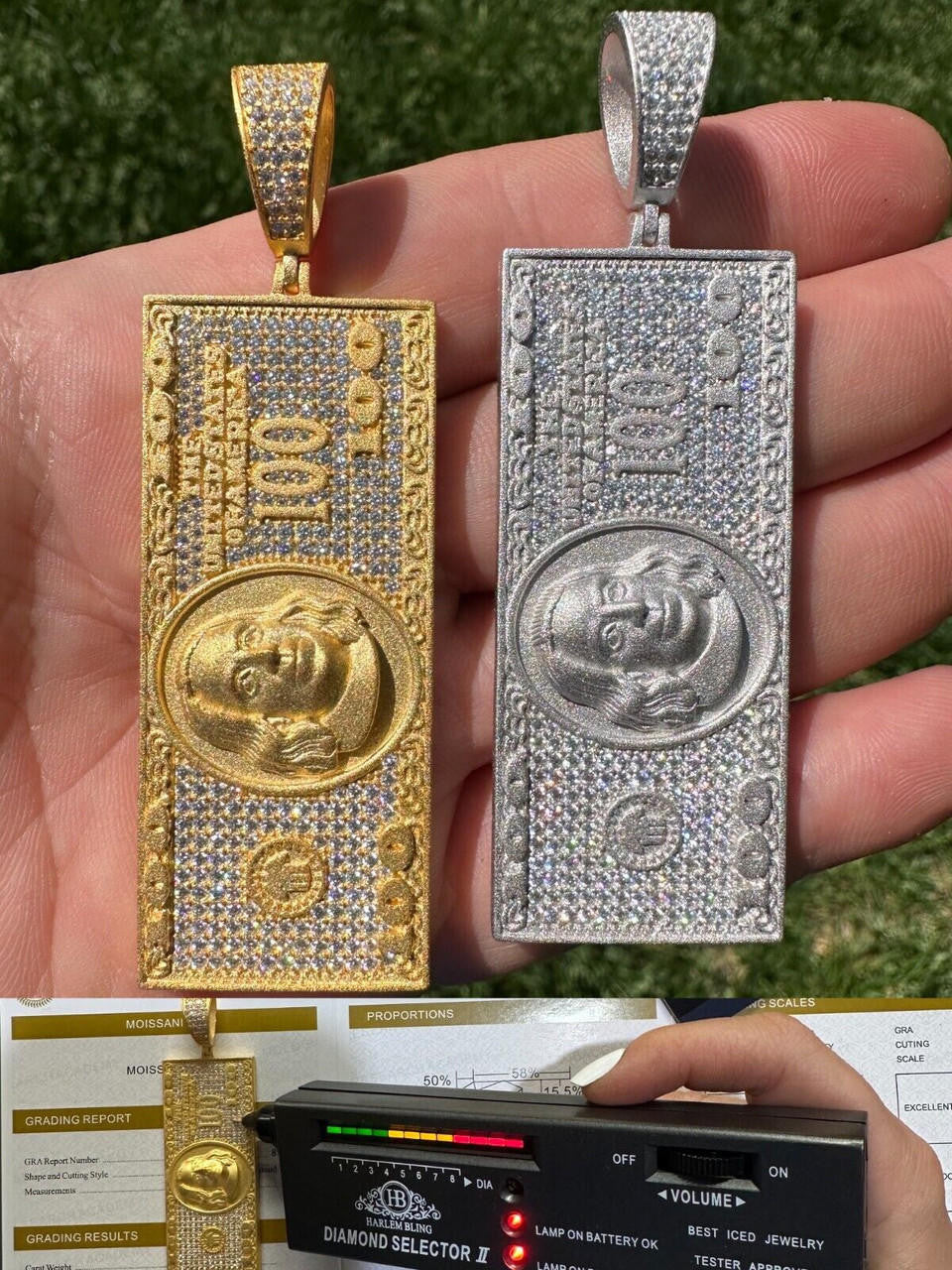 MOISSANITE Hip Hop $100 Dollar Bill Pendant - 14k Gold Vermeil Or 925 Silver - Large 3"