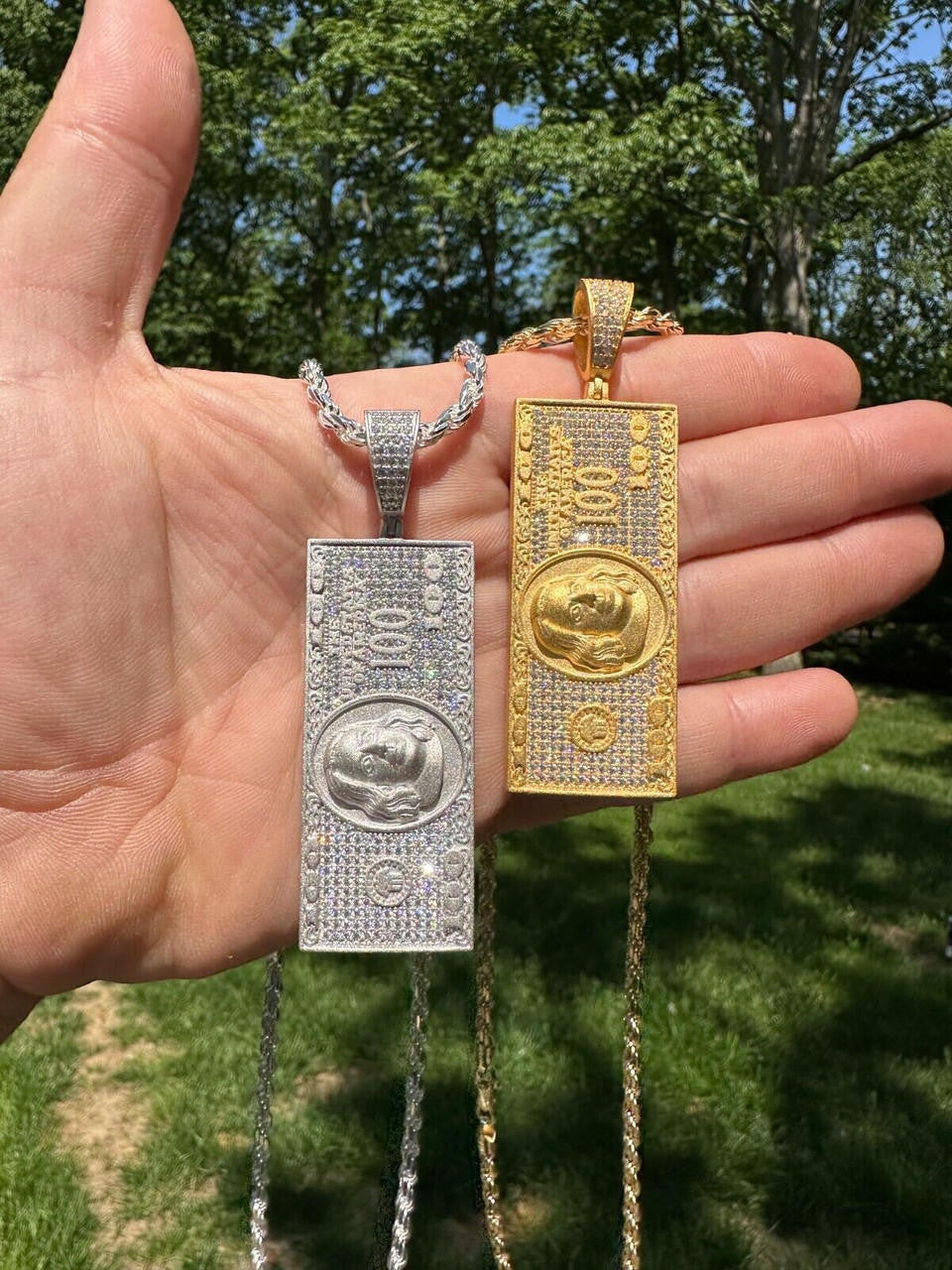 MOISSANITE Hip Hop $100 Dollar Bill Pendant - 14k Gold Vermeil Or 925 Silver - Large 3"