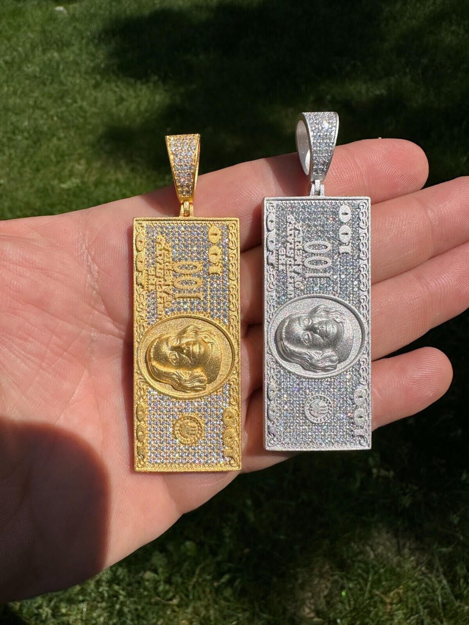 MOISSANITE Hip Hop $100 Dollar Bill Pendant - 14k Gold Vermeil Or 925 Silver - Large 3"