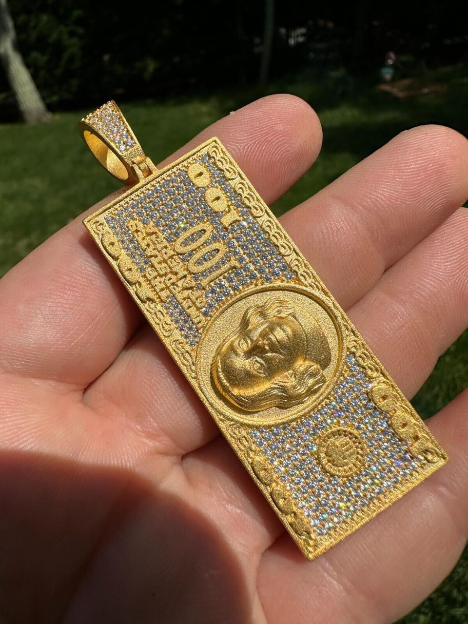 MOISSANITE Hip Hop $100 Dollar Bill Pendant - 14k Gold Vermeil Or 925 Silver - Large 3"