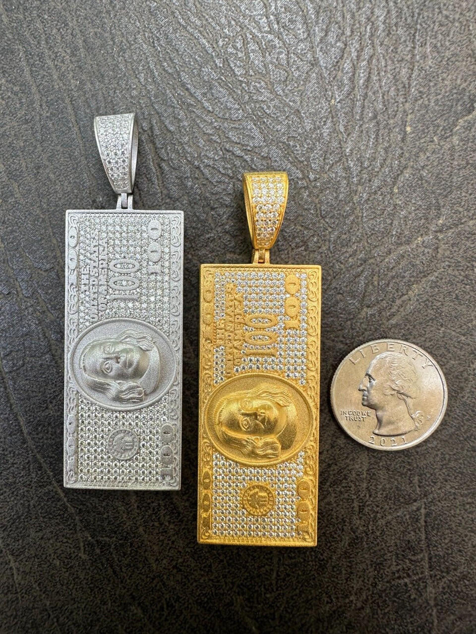 MOISSANITE Hip Hop $100 Dollar Bill Pendant - 14k Gold Vermeil Or 925 Silver - Large 3"