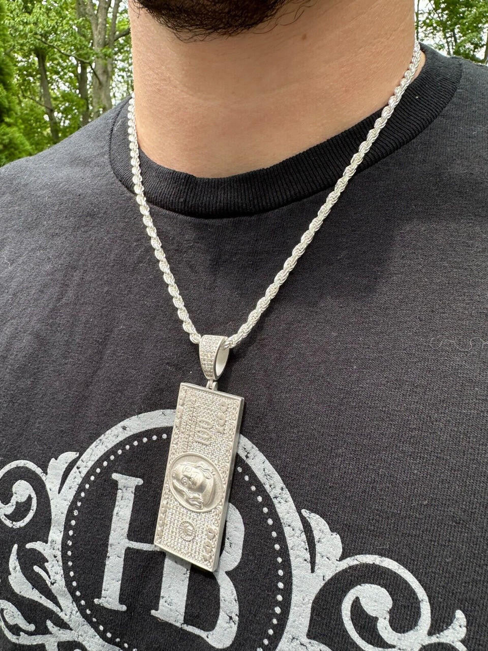 MOISSANITE Hip Hop $100 Dollar Bill Pendant - 14k Gold Vermeil Or 925 Silver - Large 3"