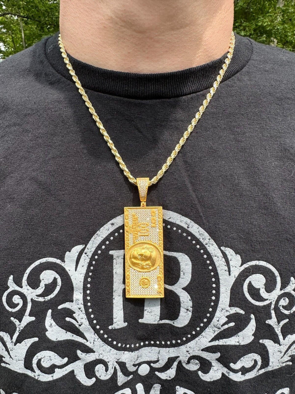MOISSANITE Hip Hop $100 Dollar Bill Pendant - 14k Gold Vermeil Or 925 Silver - Large 3"