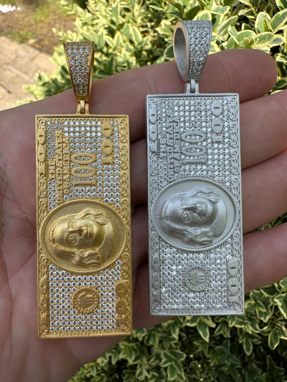 MOISSANITE Hip Hop $100 Dollar Bill Pendant - 14k Gold Vermeil Or 925 Silver - Large 3"