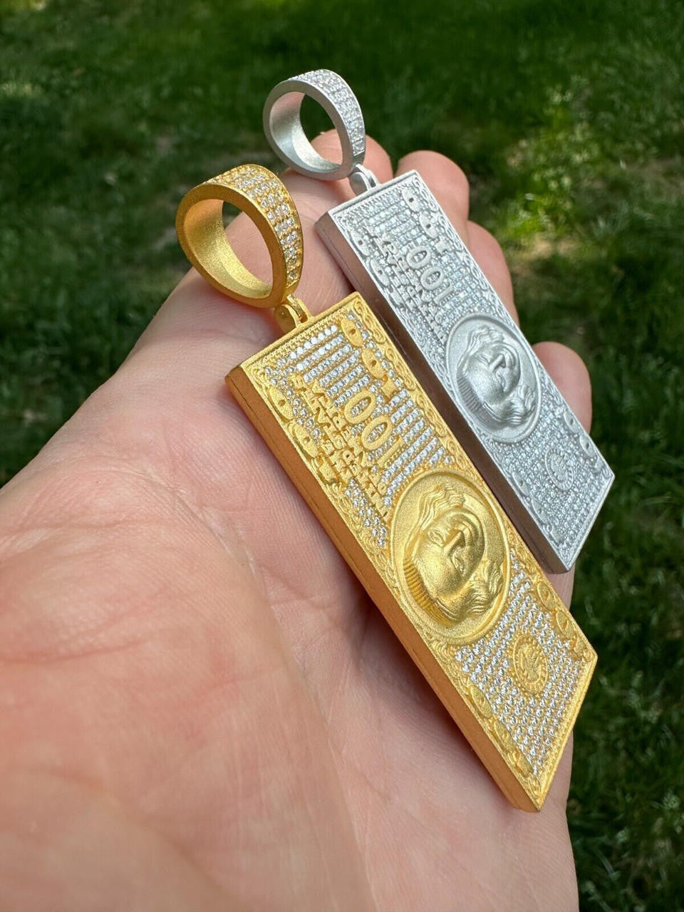 MOISSANITE Hip Hop $100 Dollar Bill Pendant - 14k Gold Vermeil Or 925 Silver - Large 3"