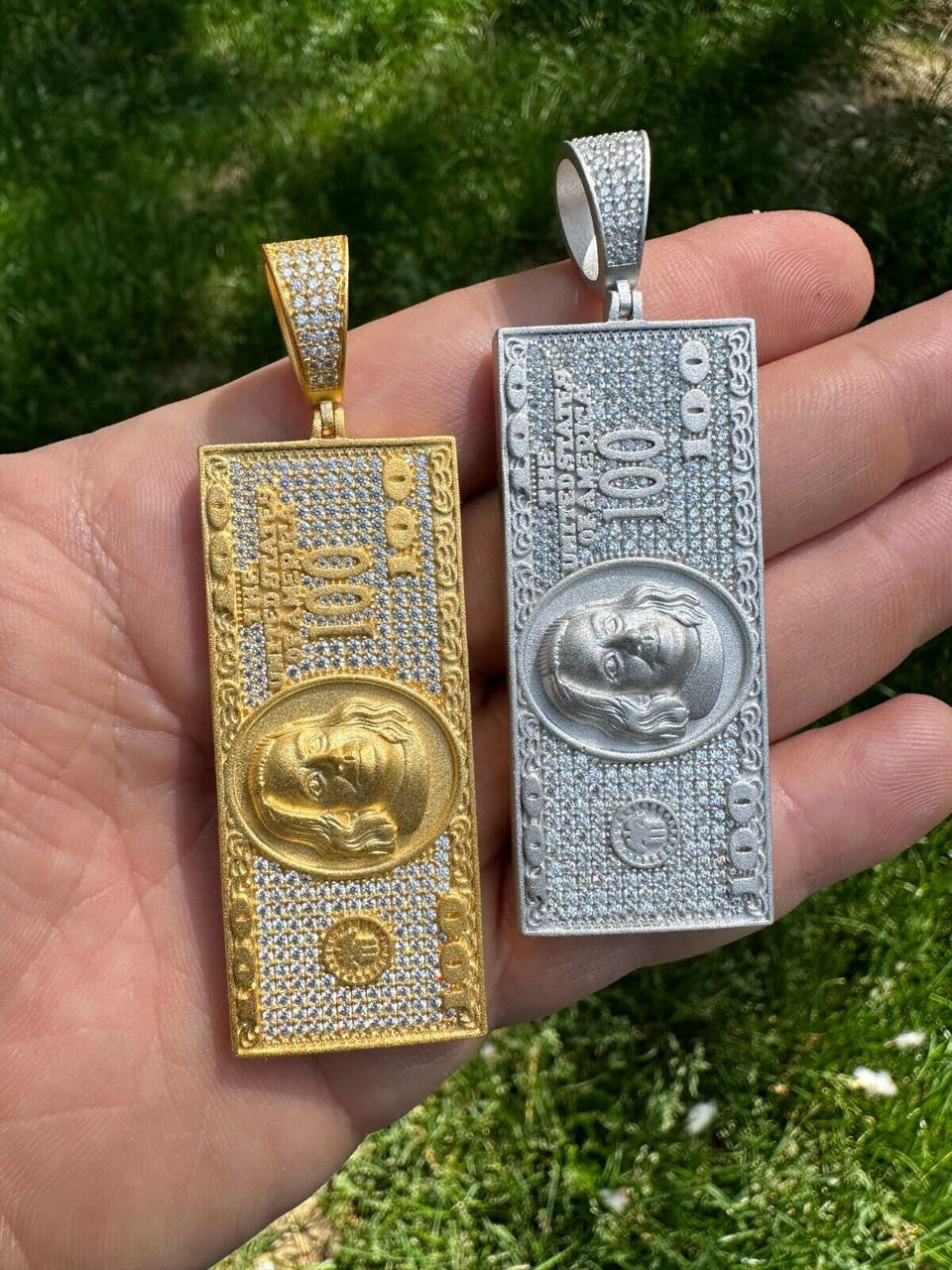MOISSANITE Hip Hop $100 Dollar Bill Pendant - 14k Gold Vermeil Or 925 Silver - Large 3"