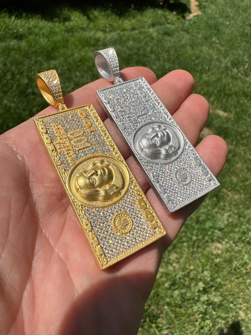 MOISSANITE Hip Hop $100 Dollar Bill Pendant - 14k Gold Vermeil Or 925 Silver - Large 3"