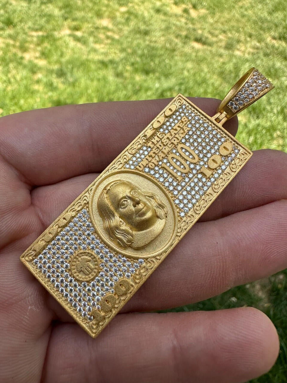 MOISSANITE Hip Hop $100 Dollar Bill Pendant - 14k Gold Vermeil Or 925 Silver - Large 3"