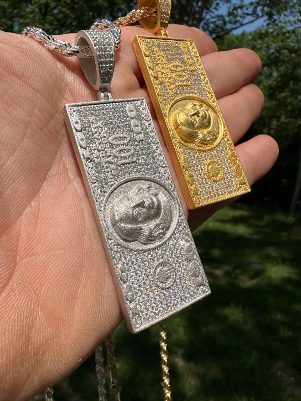 MOISSANITE Hip Hop $100 Dollar Bill Pendant - 14k Gold Vermeil Or 925 Silver - Large 3"