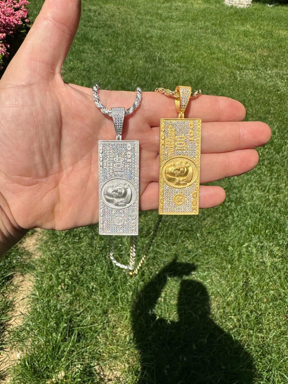 MOISSANITE Hip Hop $100 Dollar Bill Pendant - 14k Gold Vermeil Or 925 Silver - Large 3"
