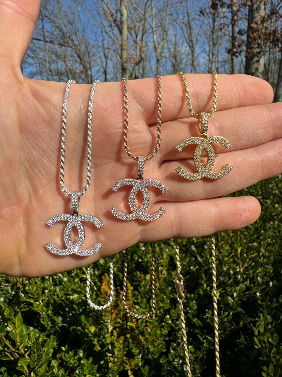 MOISSANITE Double C Fashionista Iced Out Pendant - 14k Yellow/Rose Gold Vermeil Or 925 Silver - Small 1"