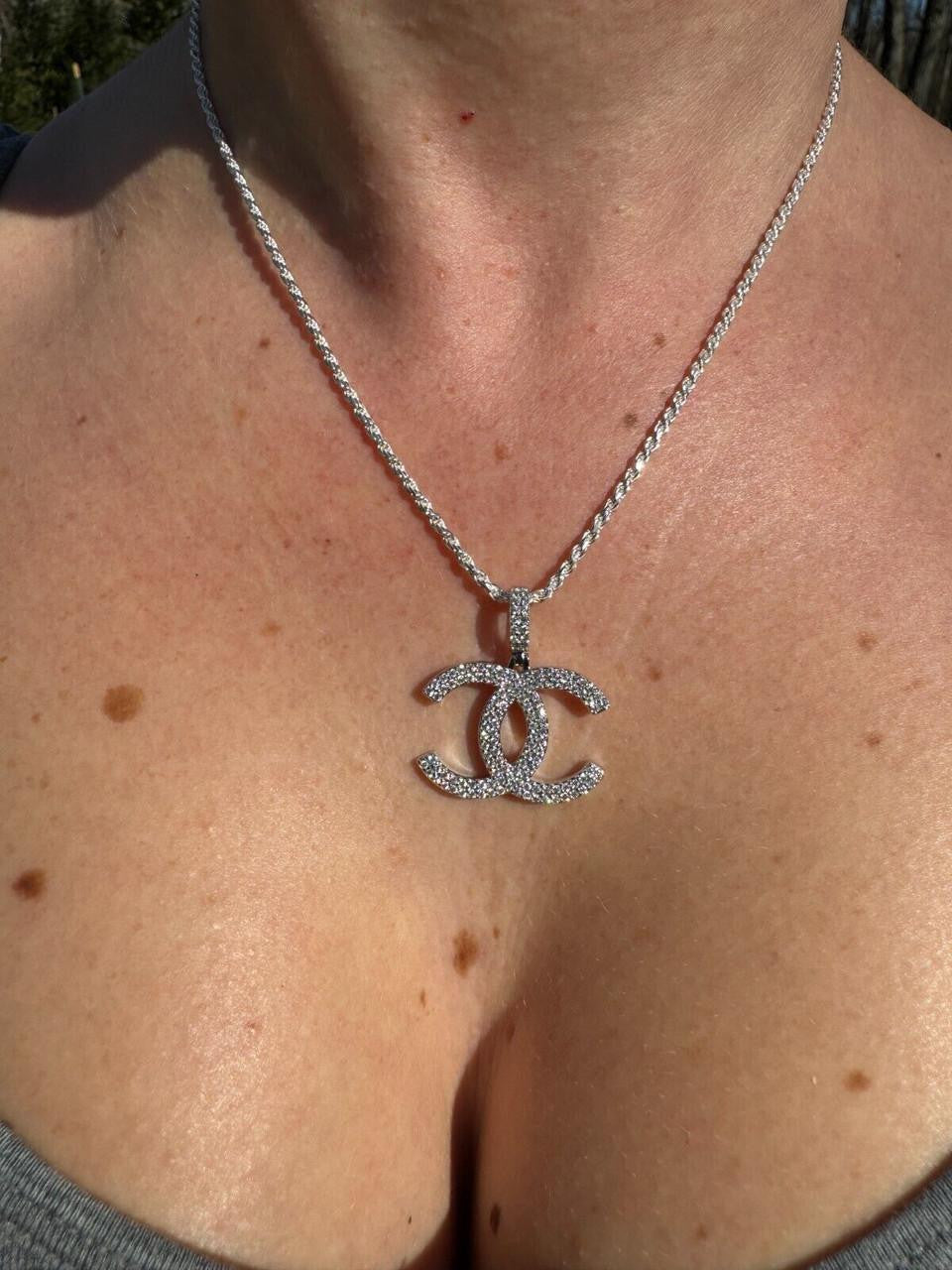 MOISSANITE Double C Fashionista Iced Out Pendant - 14k Yellow/Rose Gold Vermeil Or 925 Silver - Small 1"
