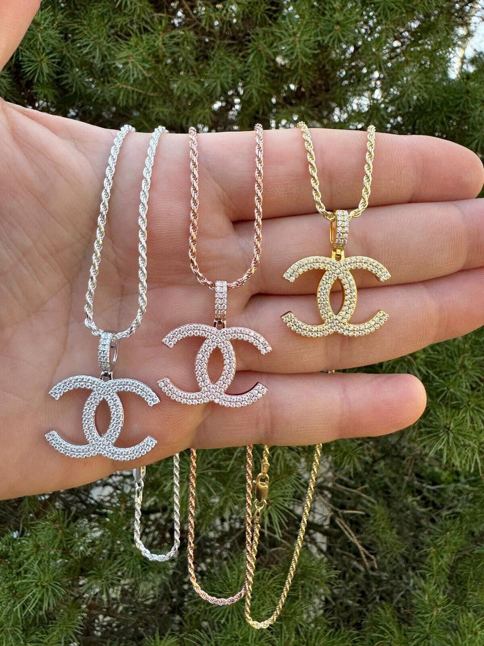 MOISSANITE Double C Fashionista Iced Out Pendant - 14k Yellow/Rose Gold Vermeil Or 925 Silver - Small 1"