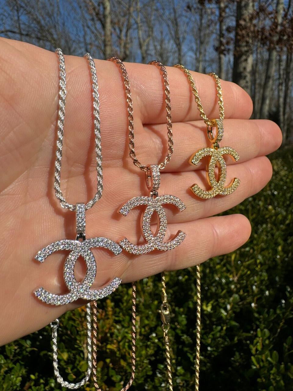 MOISSANITE Double C Fashionista Iced Out Pendant - 14k Yellow/Rose Gold Vermeil Or 925 Silver - Small 1"