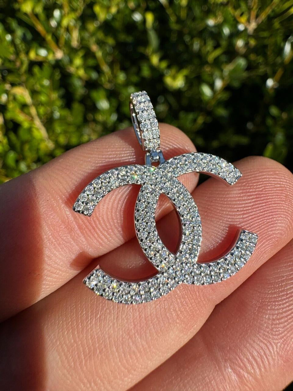MOISSANITE Double C Fashionista Iced Out Pendant - 14k Yellow/Rose Gold Vermeil Or 925 Silver - Small 1"