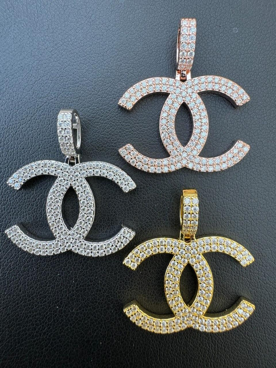 MOISSANITE Double C Fashionista Iced Out Pendant - 14k Yellow/Rose Gold Vermeil Or 925 Silver - Small 1"