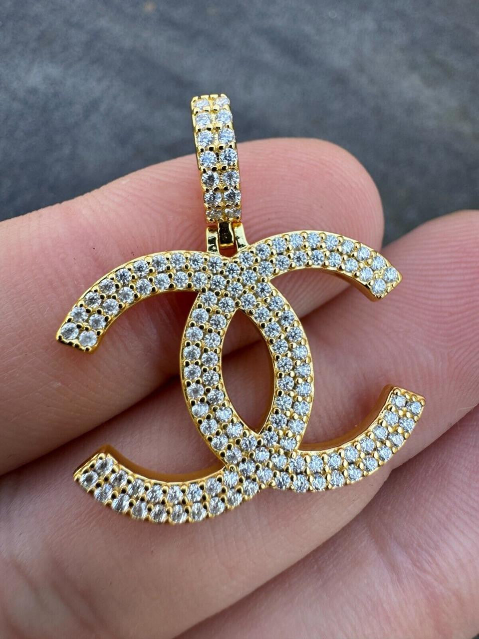 MOISSANITE Double C Fashionista Iced Out Pendant - 14k Yellow/Rose Gold Vermeil Or 925 Silver - Small 1"