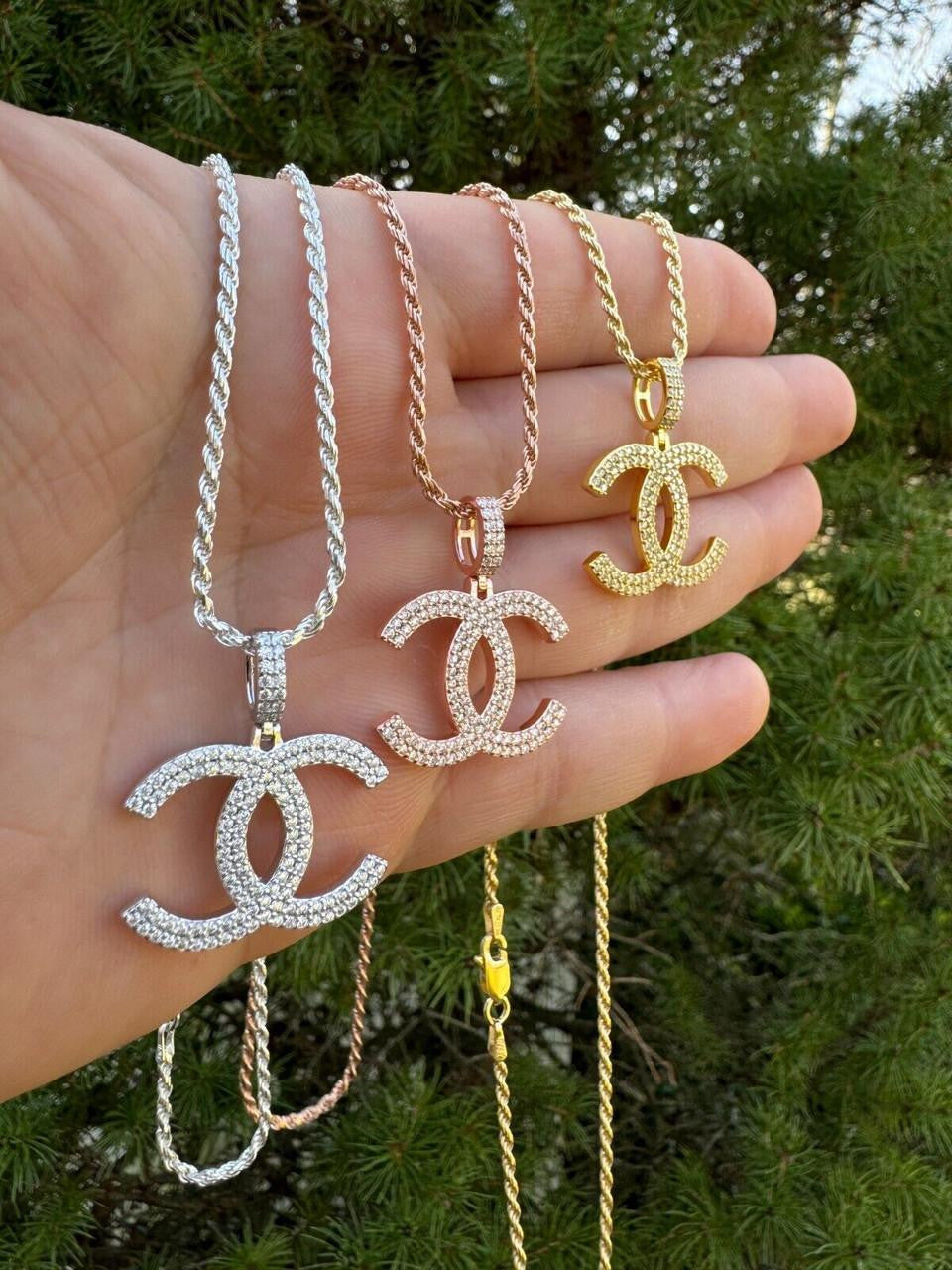 MOISSANITE Double C Fashionista Iced Out Pendant - 14k Yellow/Rose Gold Vermeil Or 925 Silver - Small 1"