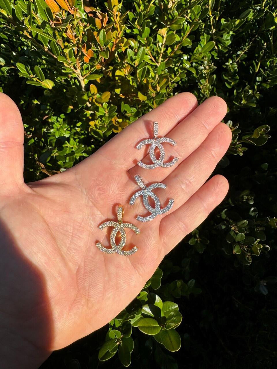 MOISSANITE Double C Fashionista Iced Out Pendant - 14k Yellow/Rose Gold Vermeil Or 925 Silver - Small 1"