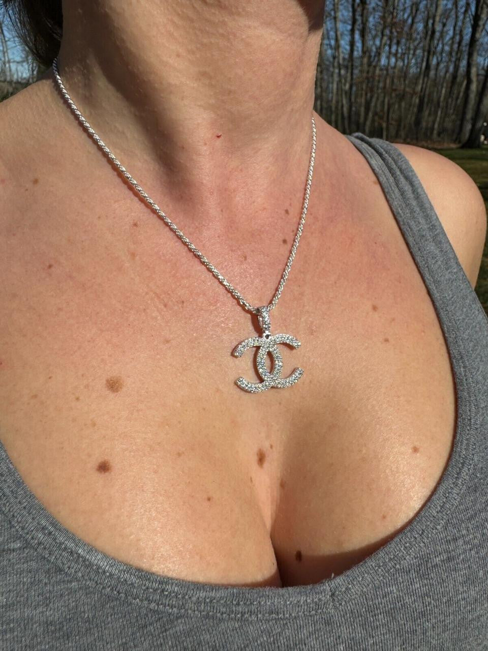 MOISSANITE Double C Fashionista Iced Out Pendant - 14k Yellow/Rose Gold Vermeil Or 925 Silver - Small 1"