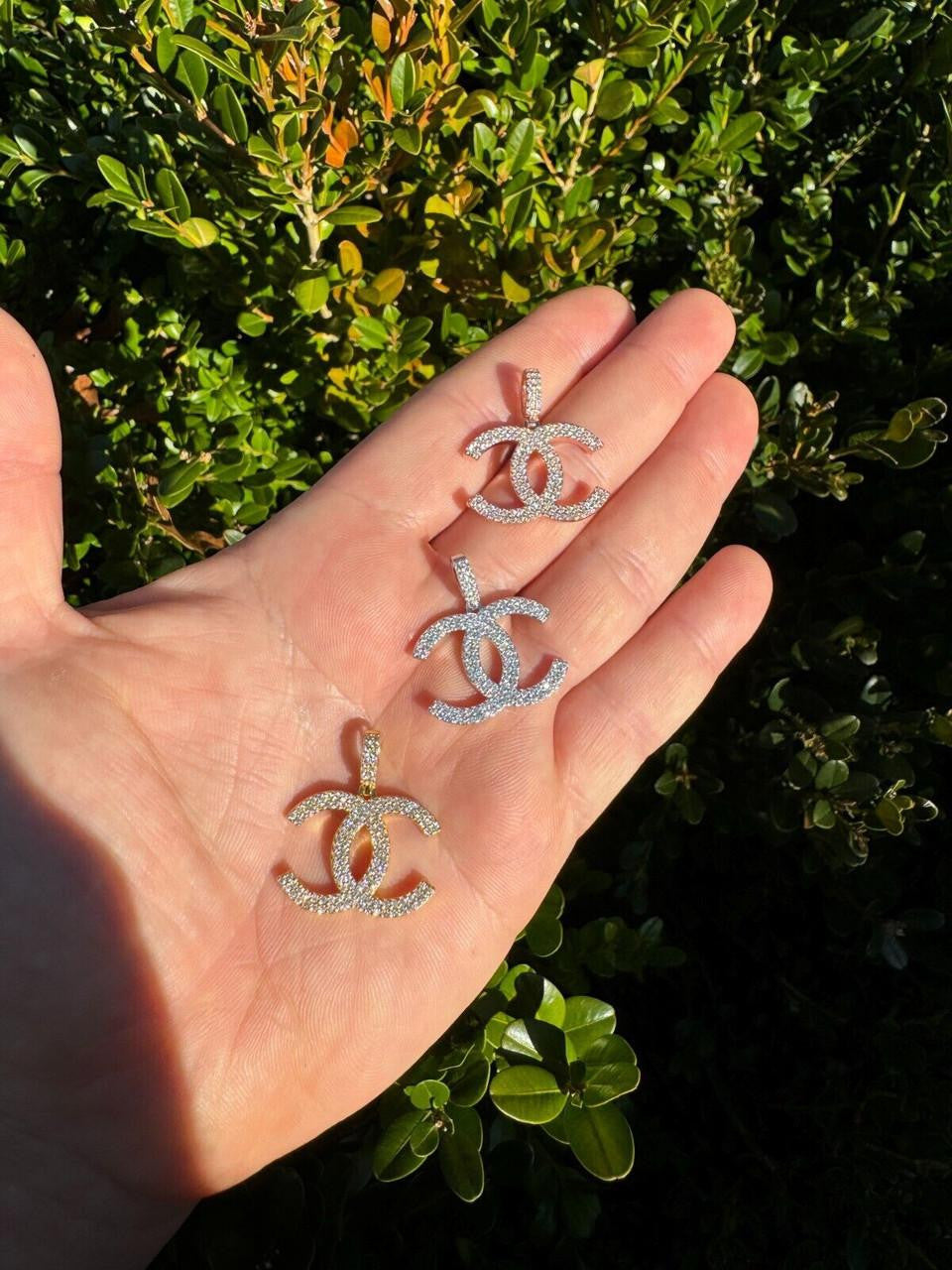 MOISSANITE Double C Fashionista Iced Out Pendant - 14k Yellow/Rose Gold Vermeil Or 925 Silver - Small 1"