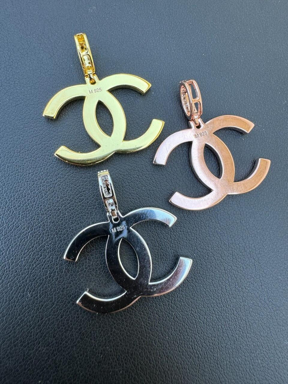 MOISSANITE Double C Fashionista Iced Out Pendant - 14k Yellow/Rose Gold Vermeil Or 925 Silver - Small 1"