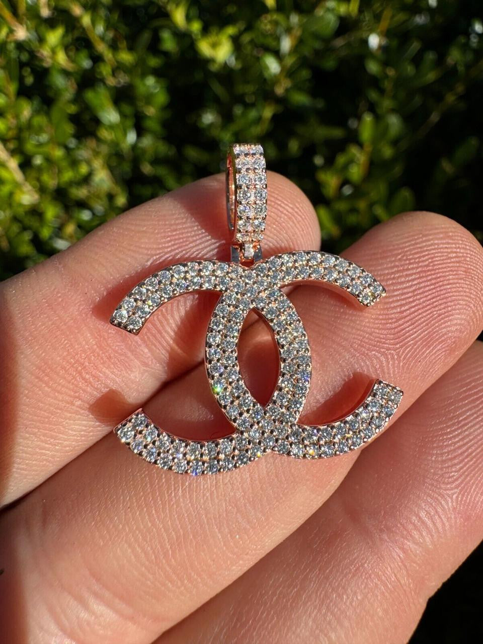 MOISSANITE Double C Fashionista Iced Out Pendant - 14k Yellow/Rose Gold Vermeil Or 925 Silver - Small 1"