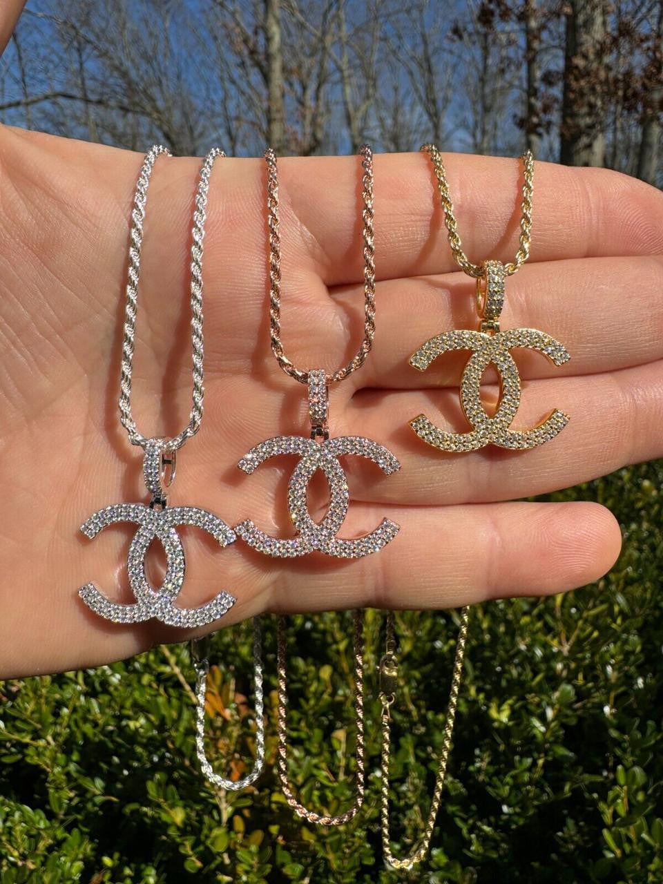 MOISSANITE Double C Fashionista Iced Out Pendant - 14k Yellow/Rose Gold Vermeil Or 925 Silver - Small 1"